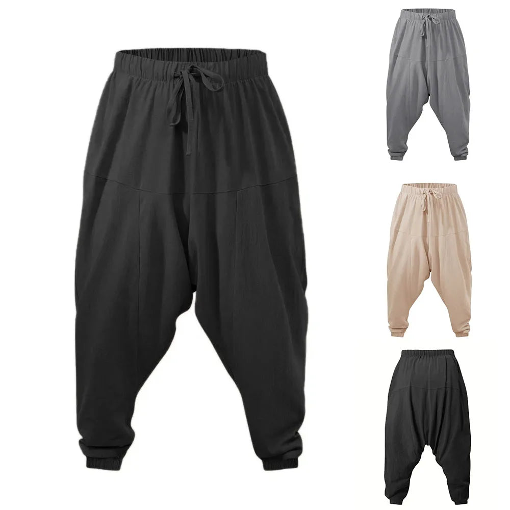 PANTALONES HAREM PARA HOMBRE,de algodon y lino con tiro bajo